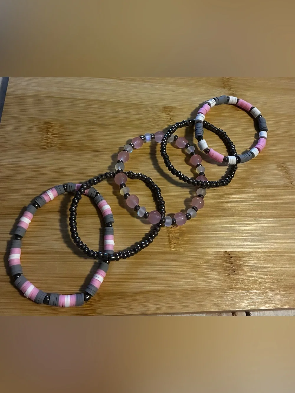 Pink & Gray Beaded Stretch Bracelet Set